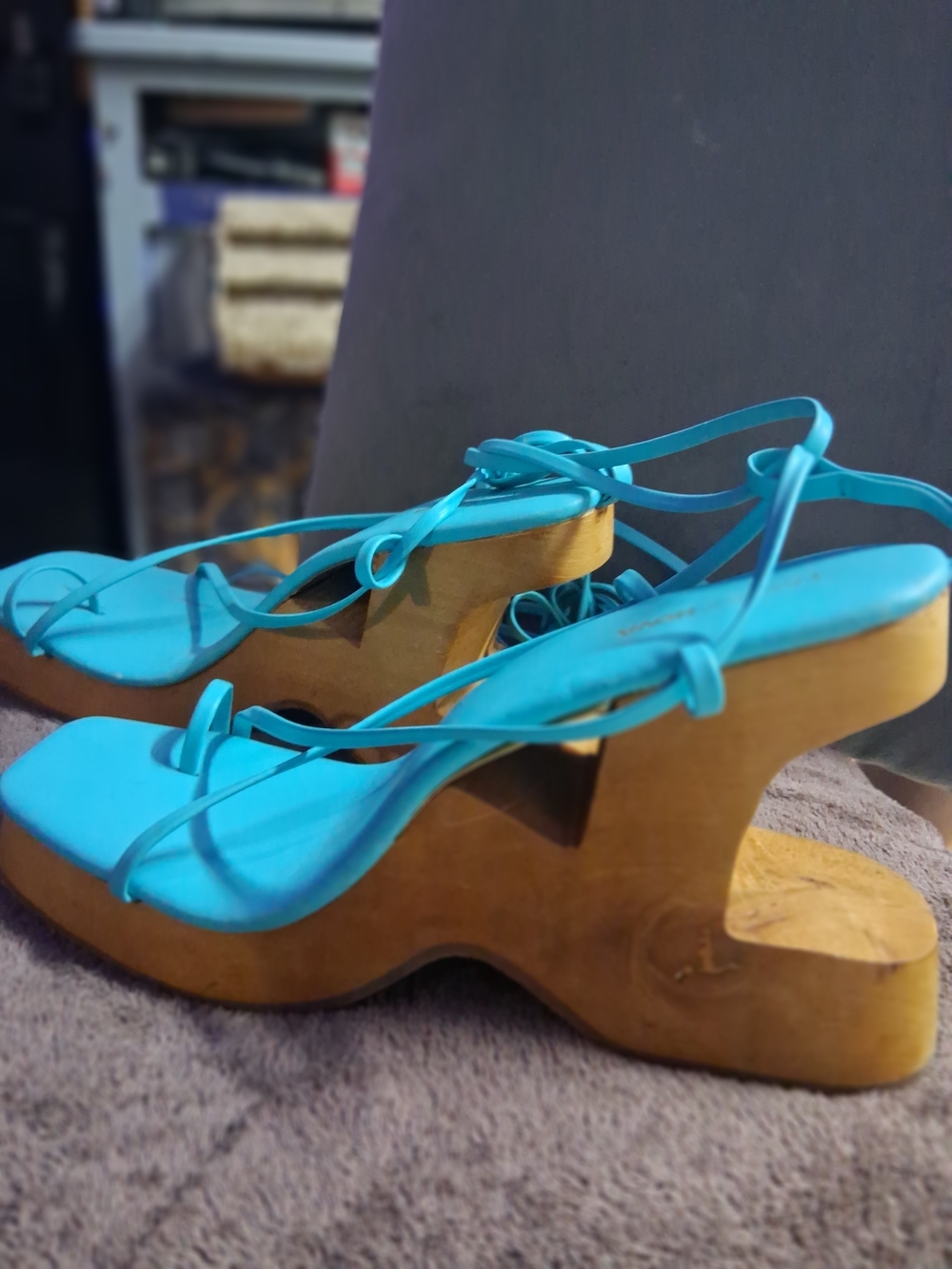 Fashion Nova Turquoise Strappy Wood Platform Sandals